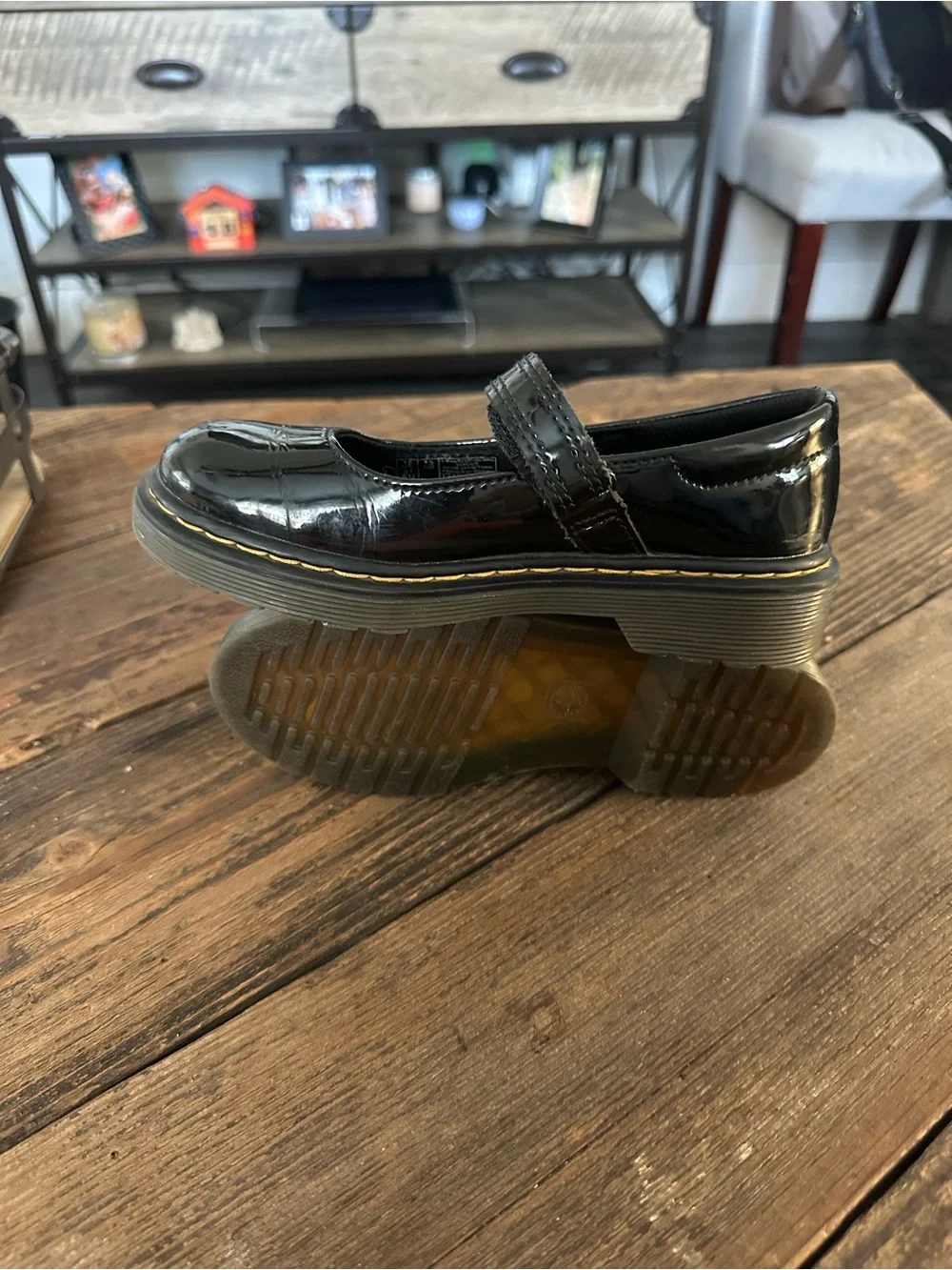 Dr. Martens Girls' Black Patent Mary Jane with Yellow Stitching